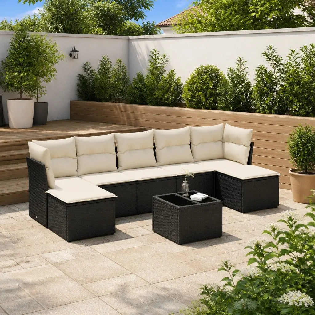 8 Piece Outdoor Garden Sofa Set with Storage Cushions Black Poly Rattan Patio