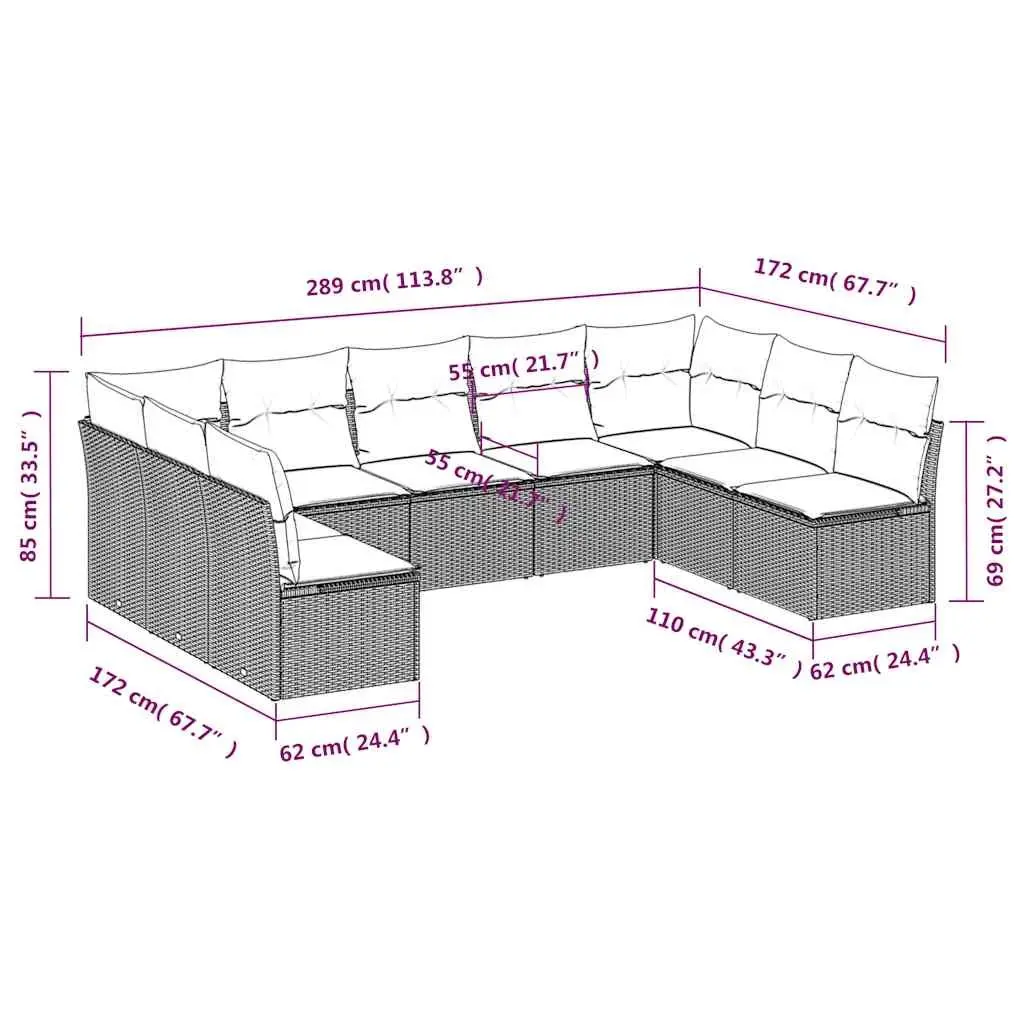 Garden Sofa Set PE Rattan 9 Piece Modular Outdoor Furniture Black