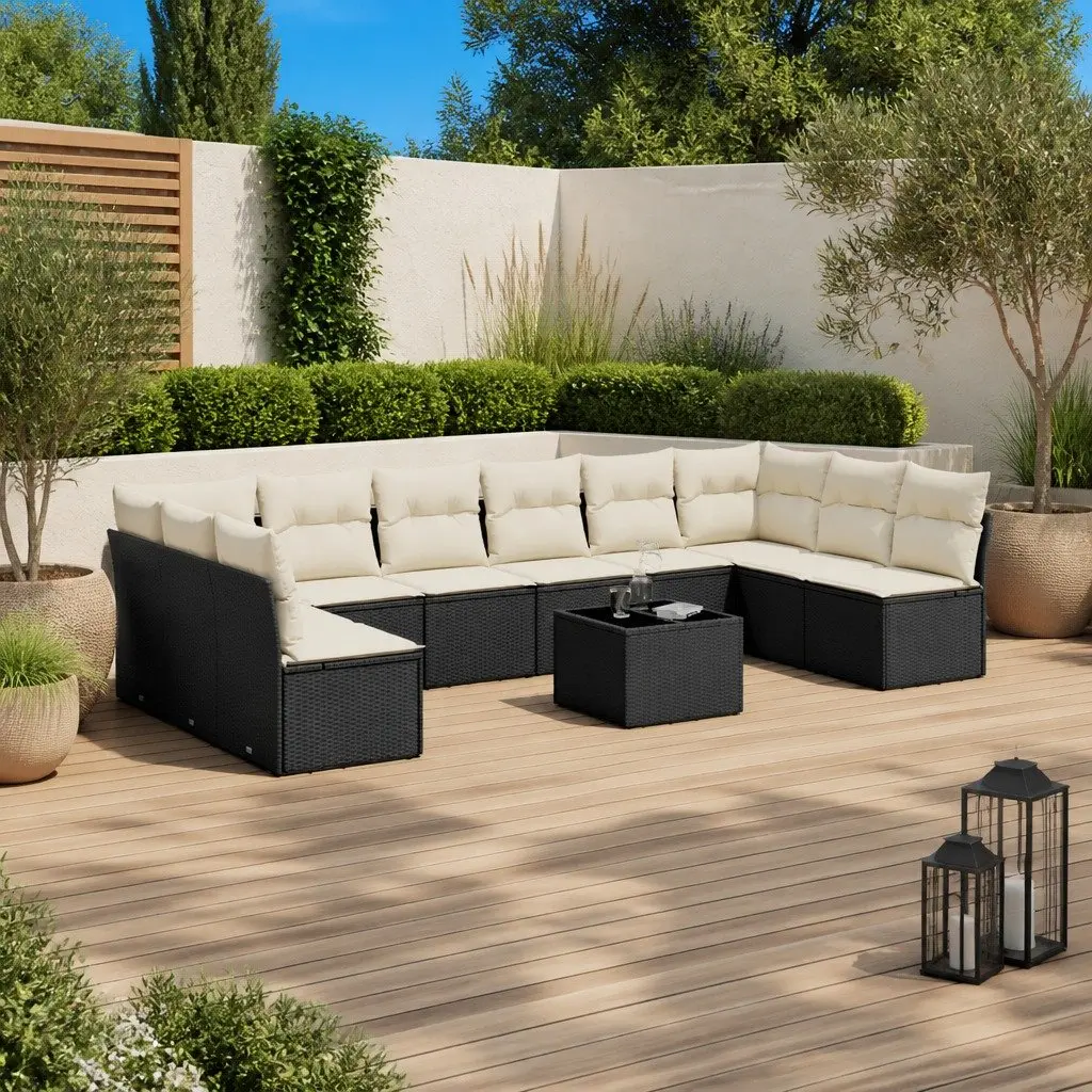 11 Piece Modular Patio Furniture Set Black PE Rattan with Tempered Glass Top and Storage Function for Outdoor Use