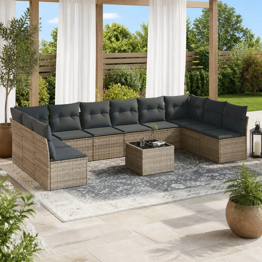 Garden Sofa Set 11 Piece Outdoor Furniture Grey Poly Rattan with Cushions Table