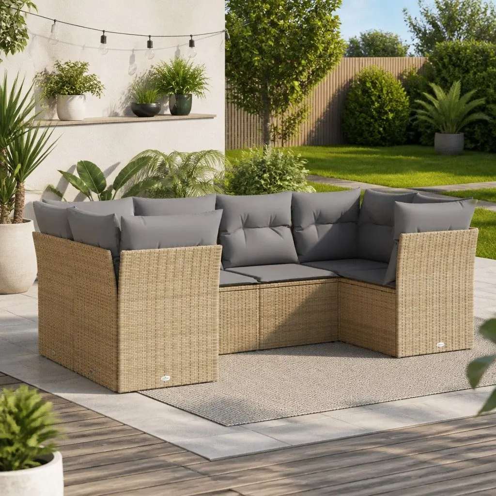 Modular Patio Sofa Set 6 Piece Beige PE Rattan Outdoor Furniture