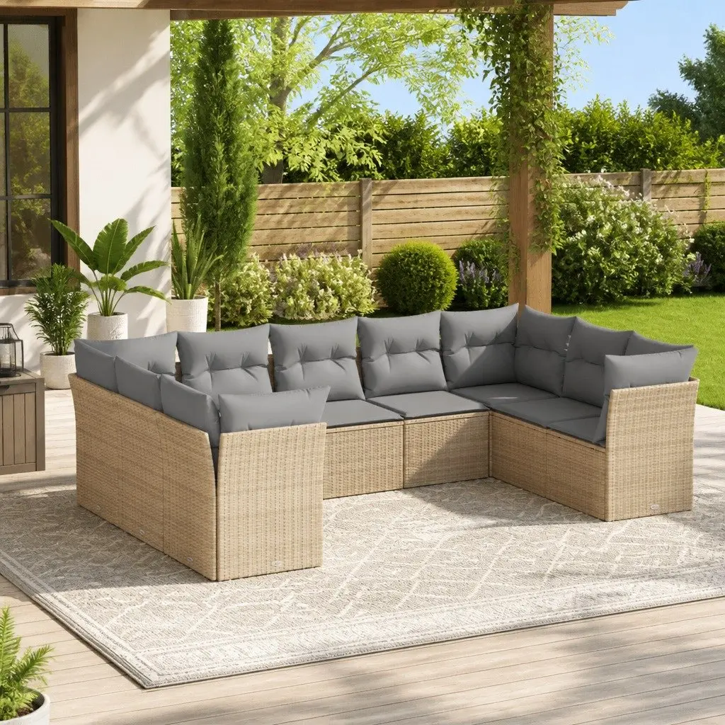 Garden Sofa Set PE Rattan 9 Piece Outdoor Furniture Beige Modular Patio Seating