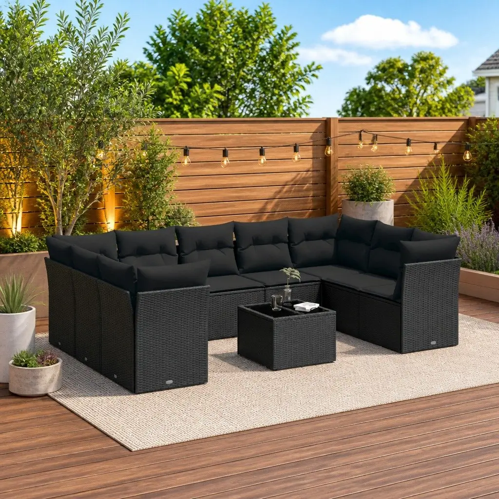 10 Piece Modular Outdoor Furniture Set Black PE Rattan Cushion Seating with Tempered Glass Tabletop and Under-Seat Storage