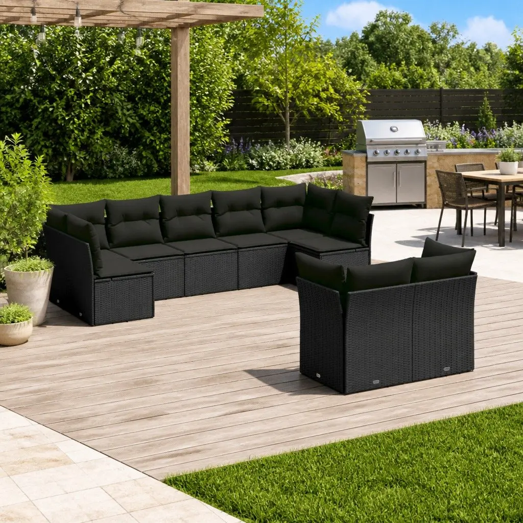 Garden Sofa Set 9 Piece Outdoor Furniture Black Poly Rattan Patio Lounge with