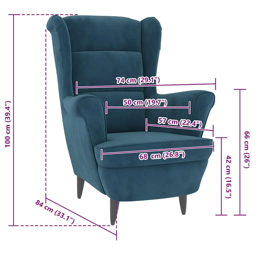 Armchair Velvet Upholstered Blue Padded Backrest
