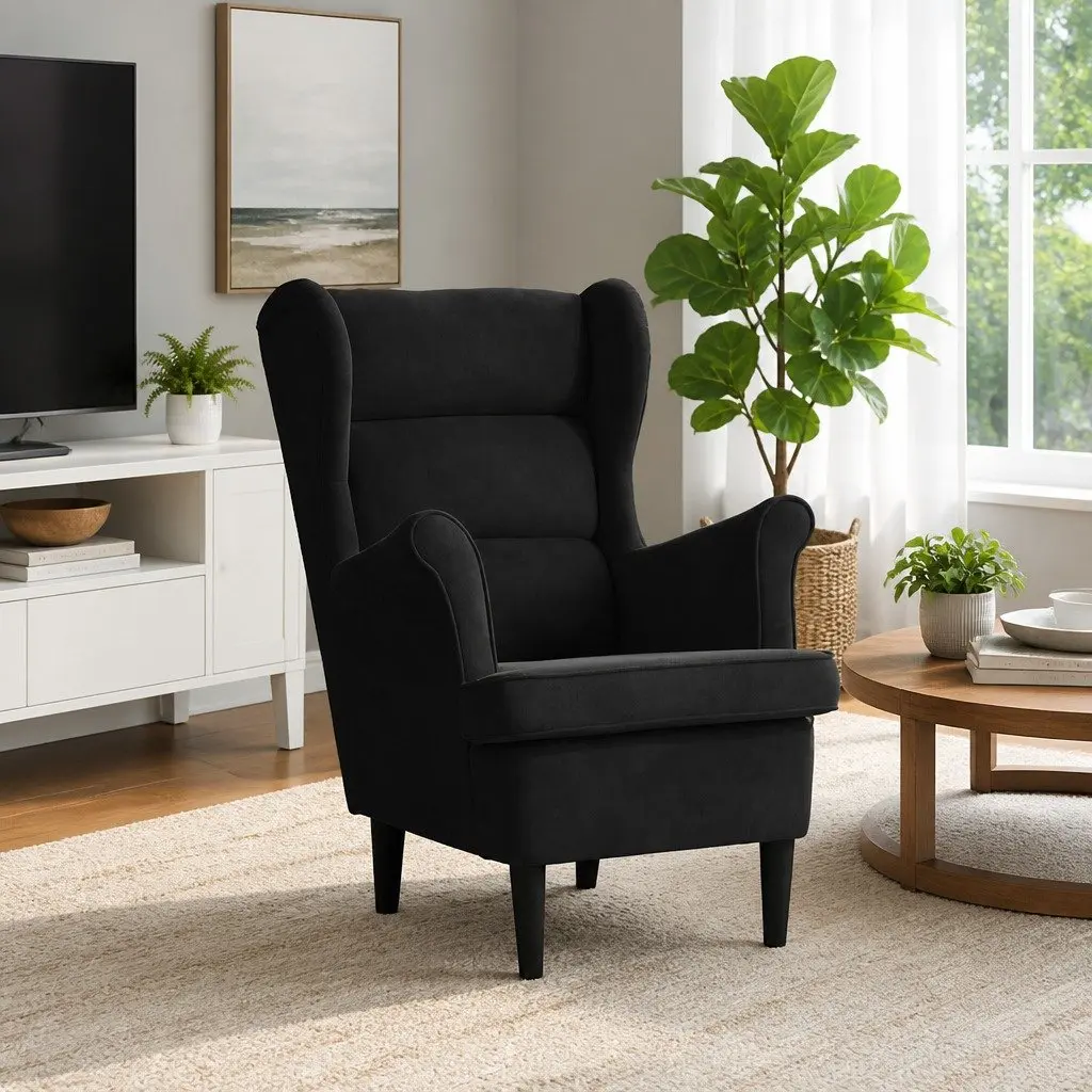 Armchair Velvet Upholstered Black Padded Backrest Seat