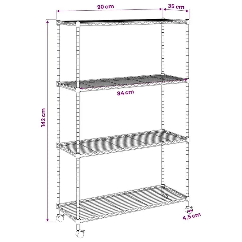 4-Tier Iron Storage Shelf with Wheels Heavy Duty Black 90 x 35 x 142 cm
