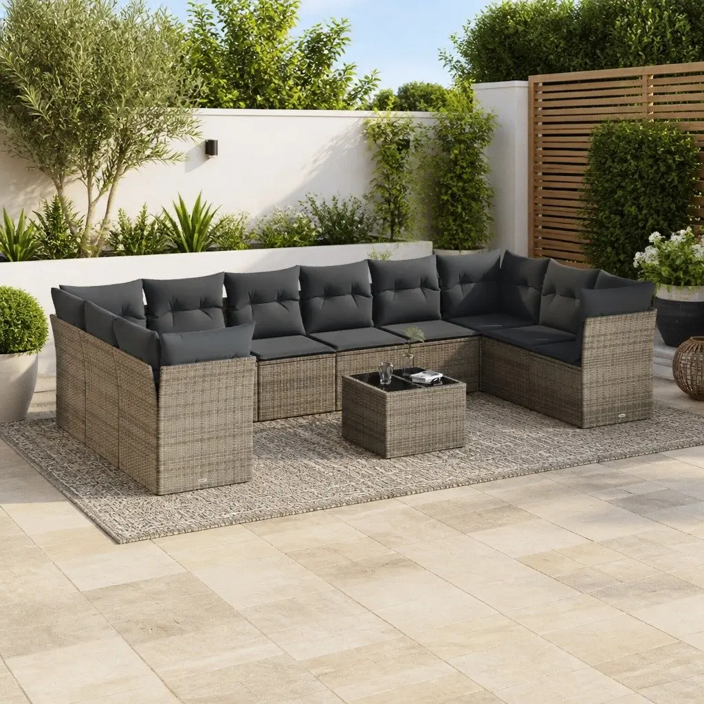 Outdoor Furniture 11 Piece Modular Grey Sofa Set with PE Rattan Construction Tempered Glass Table and Removable Washable Cushion Covers
