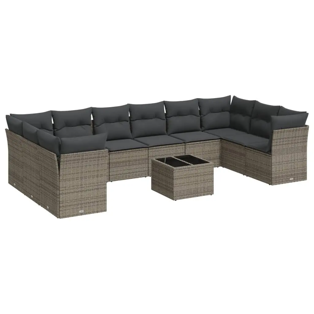 Outdoor Furniture 11 Piece Modular Grey Sofa Set with PE Rattan Construction Tempered Glass Table and Removable Washable Cushion Covers