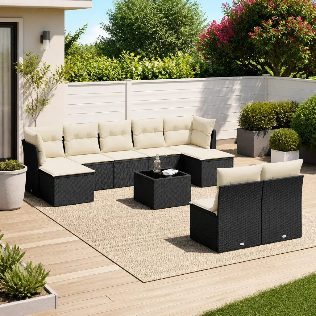 Garden Sofa Set PE Rattan 10 Piece Outdoor Furniture Black and Cream with Storage Cushions