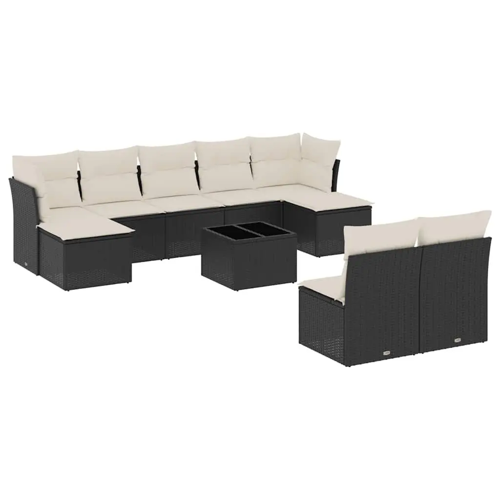 Garden Sofa Set PE Rattan 10 Piece Outdoor Furniture Black and Cream with Storage Cushions