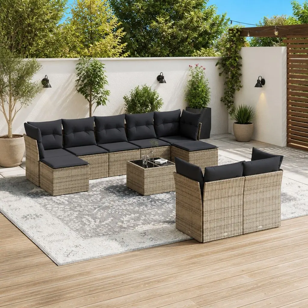 Outdoor Furniture Set 10 Piece Modular Garden Sofa Grey PE Rattan with Storage