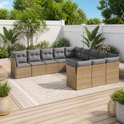 Garden Sofa Set 11 Piece Outdoor Furniture Beige Poly Rattan Patio Seating
