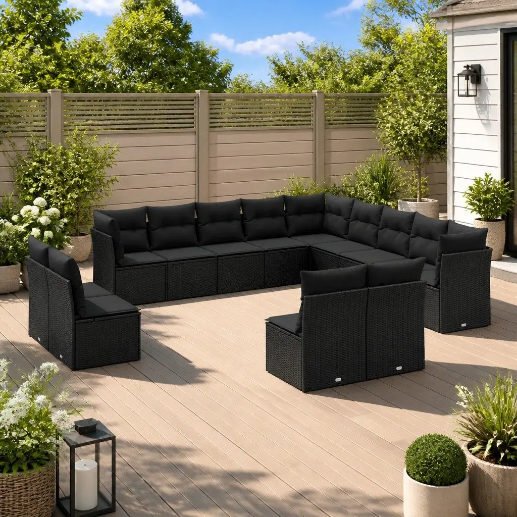 Garden Sofa Set 13 Piece Outdoor Furniture Black Poly Rattan Modular Patio