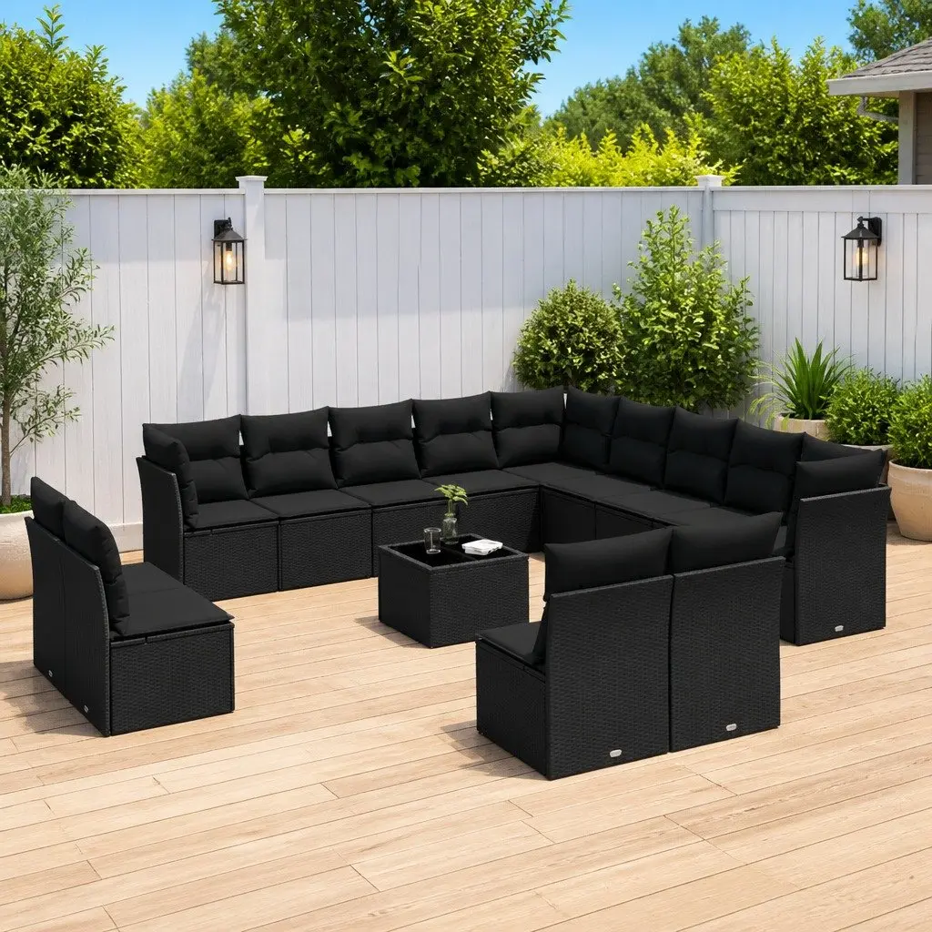 Garden Sofa Set 14 Piece Black PE Rattan Modular Outdoor Furniture
