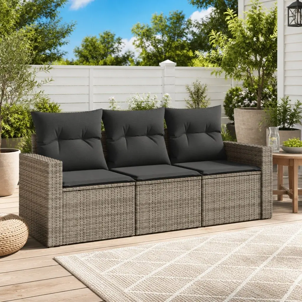 3 Piece Patio Sofa Set Modular Grey Poly Rattan with Storage Function and Cushions
