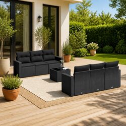 7 Piece Outdoor Garden Sofa Set Black Poly Rattan Patio Sectional Furniture