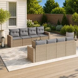 Garden Sofa Set 9 Piece Outdoor Sectional Patio Furniture Beige Rattan Cushions