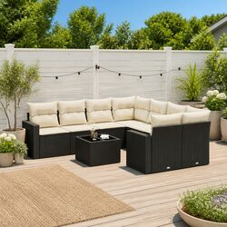 9 Piece Outdoor Garden Sofa Set with Storage Cushions Black Poly Rattan