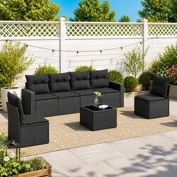 7 Piece Outdoor Garden Sectional Sofa Set Black Poly Rattan Patio Furniture