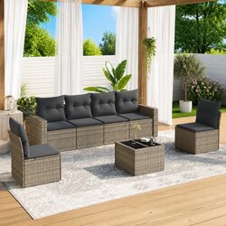 7 Piece Outdoor Garden Sofa Set Grey Poly Rattan Sectional with Cushions Storage