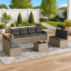 Outdoor Sectional Sofa Set 9 Piece Garden Furniture Beige Poly Rattan with