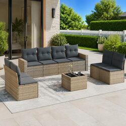 9 Piece Outdoor Garden Sofa Set Grey Poly Rattan Sectional with Storage Cushions