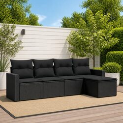 5 Piece Outdoor Garden Sofa Set Black Poly Rattan Sectional with Cushions