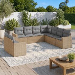 Garden Sofa Set 9 Piece Outdoor Sectional Seating Beige Rattan Modular Cushions