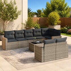 9 Piece Outdoor Garden Sofa Set Grey Poly Rattan Sectional with Cushions
