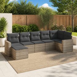 7 Piece Outdoor Garden Sofa Set Grey Poly Rattan Modular Seating with Cushions