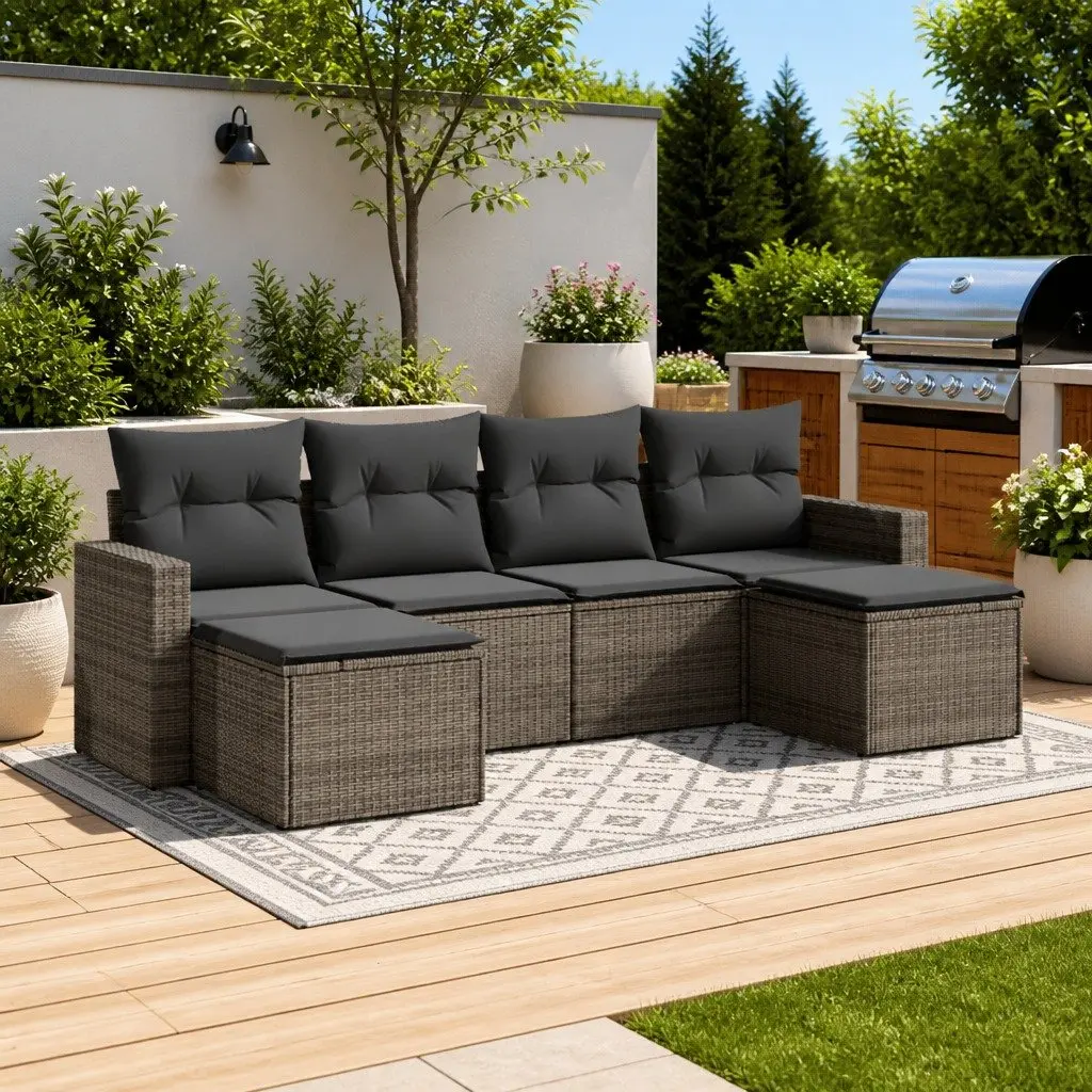 Outdoor Sectional Sofa Set 6 Piece Garden Furniture Grey Poly Rattan with