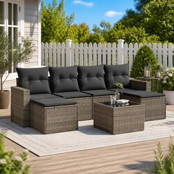7 Piece Outdoor Garden Sectional Sofa Set Grey Poly Rattan Patio Furniture with