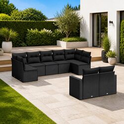9 Piece Outdoor Garden Sofa Set Black Poly Rattan Sectional with Storage