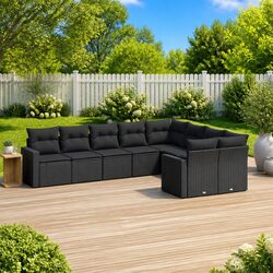9 Piece Outdoor Sectional Sofa Set Black Poly Rattan Garden Furniture with