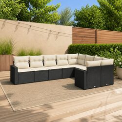 9 Piece Outdoor Garden Sofa Set Black Poly Rattan Sectional with Cushions