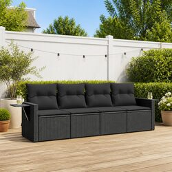 4 Piece Outdoor Garden Sofa Set Black Poly Rattan Patio Furniture with Cushions