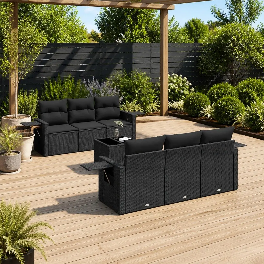 7 Piece Garden Sofa Set PE Rattan Outdoor Furniture Black with Cushions