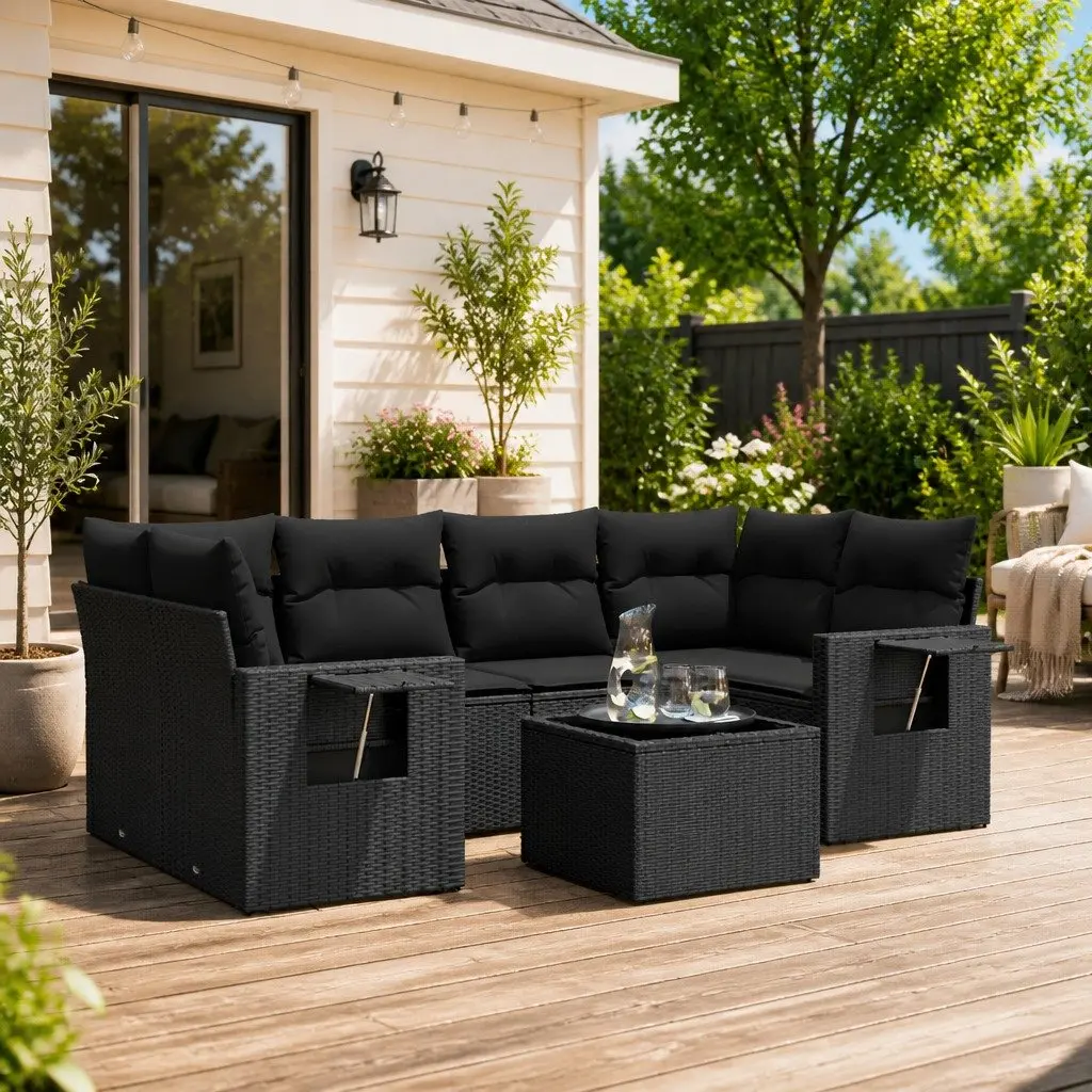 7 Piece Modular Sofa Set Black PE Rattan Outdoor Furniture with Cushions and Foldable Side Table
