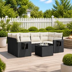 7 Piece Outdoor Garden Sofa Set with Cushions Storage Black Poly Rattan