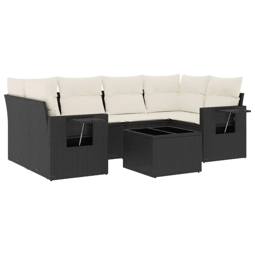 7 Piece Outdoor Garden Sofa Set with Cushions Storage Black Poly Rattan