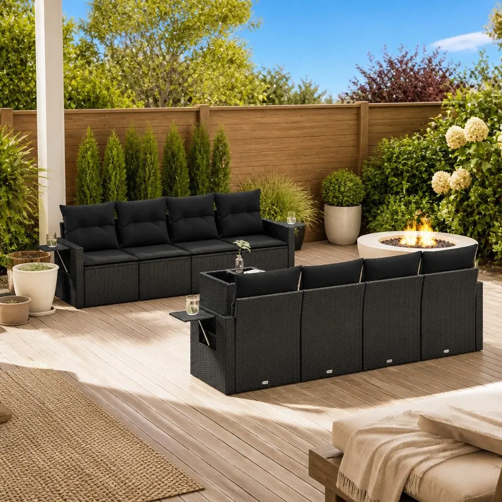 9 Piece Garden Sofa Set with Cushions Black Outdoor Furniture Patio Rattan
