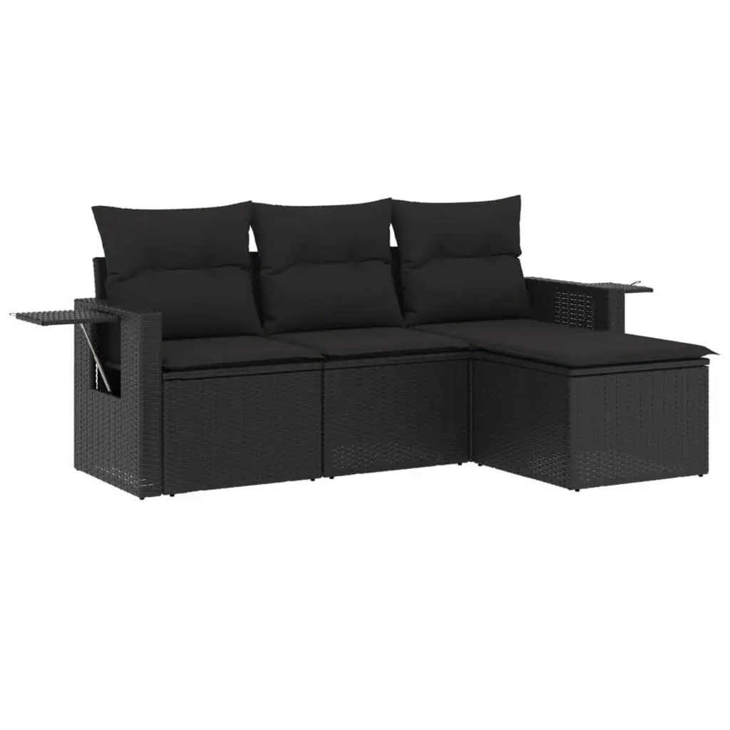 Garden Sofa Set Modular PE Rattan 4 Piece Outdoor Furniture Black with Cushions and Foldable Side Table