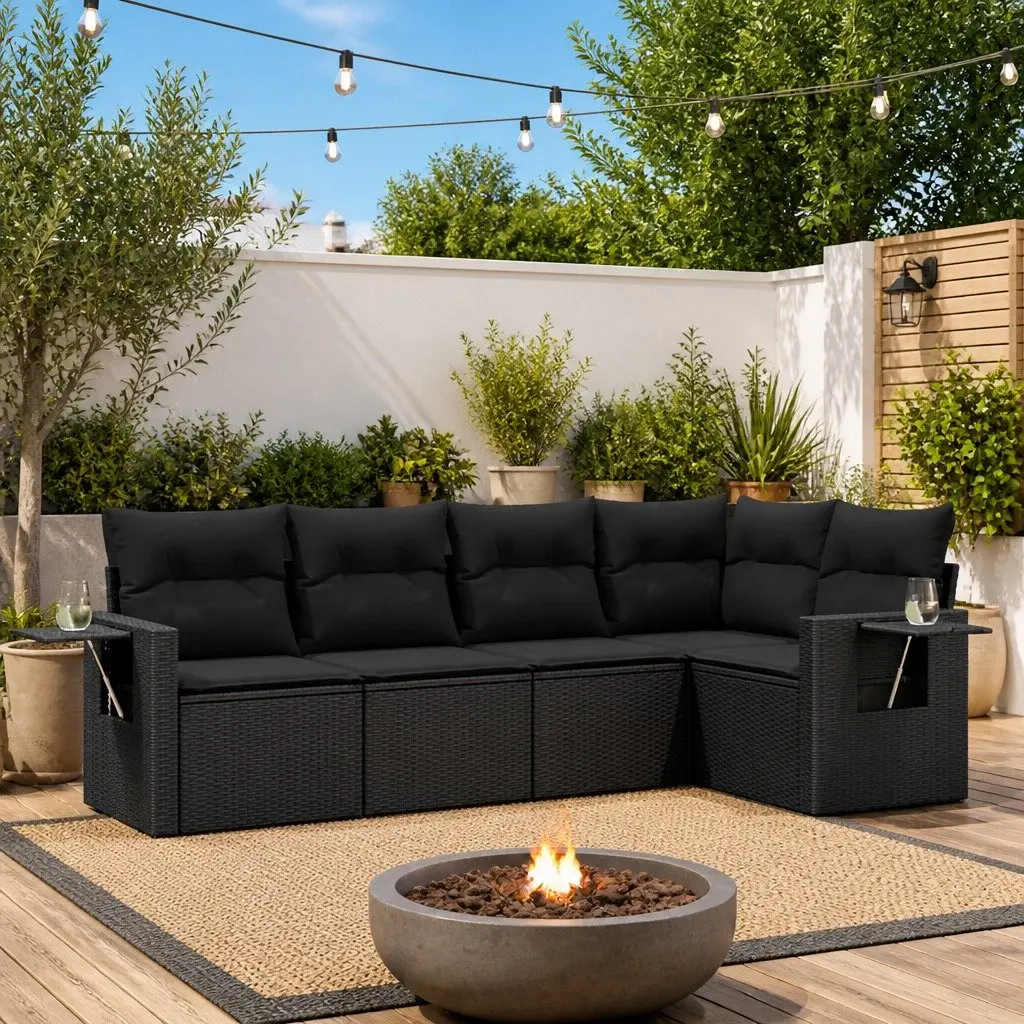 Garden Sofa Set Modular PE Rattan 5 Piece Black Outdoor Furniture