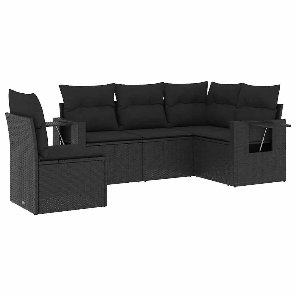 5 Piece Outdoor Furniture Set Black PE Rattan Modular Sofa with Storage and Foldable Side Table Removable Cushion Covers