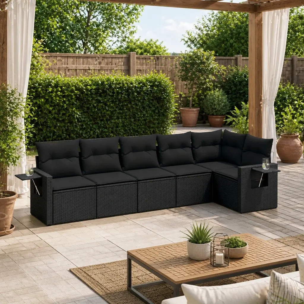 Garden Sofa Set PE Rattan 6 Piece Outdoor Furniture Black Modular
