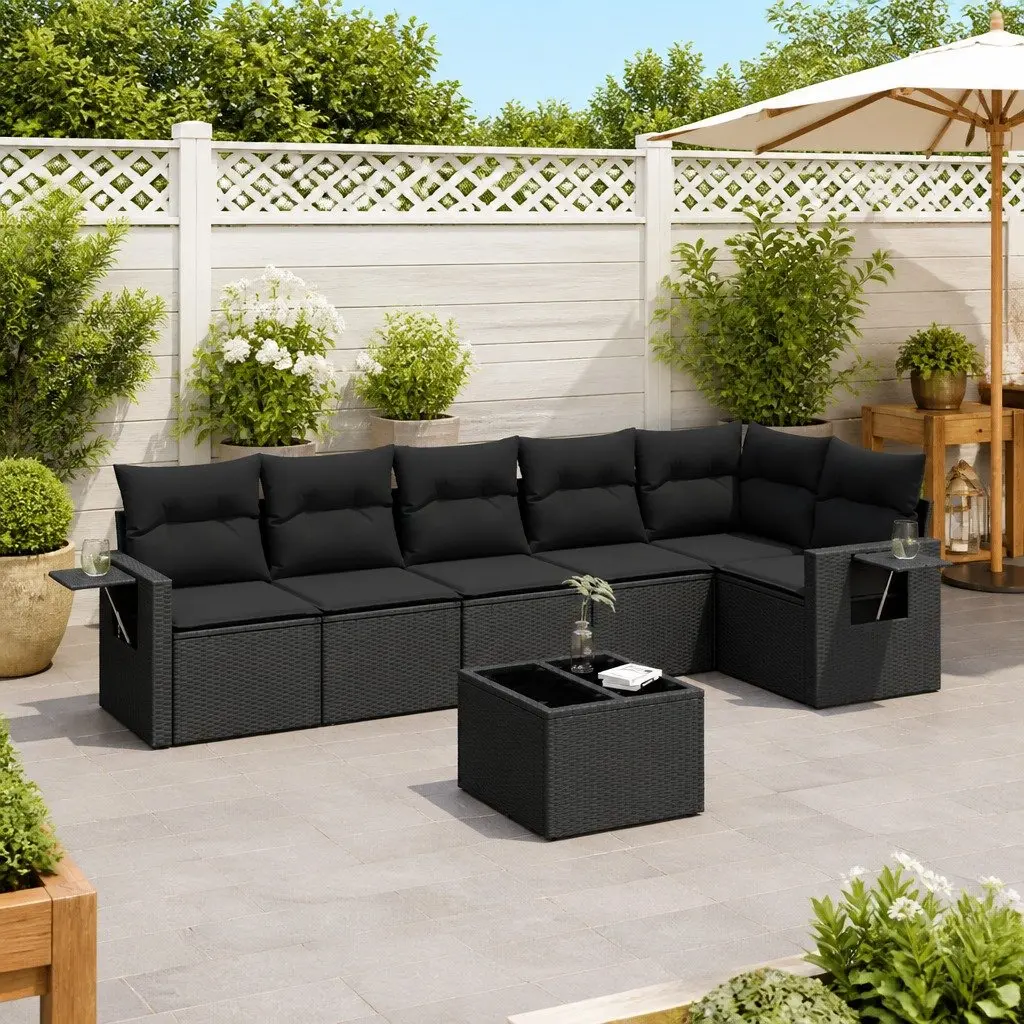 7 Piece Modular Garden Sofa Set Outdoor Furniture Black PE Rattan with Storage and Removable Cushion Covers