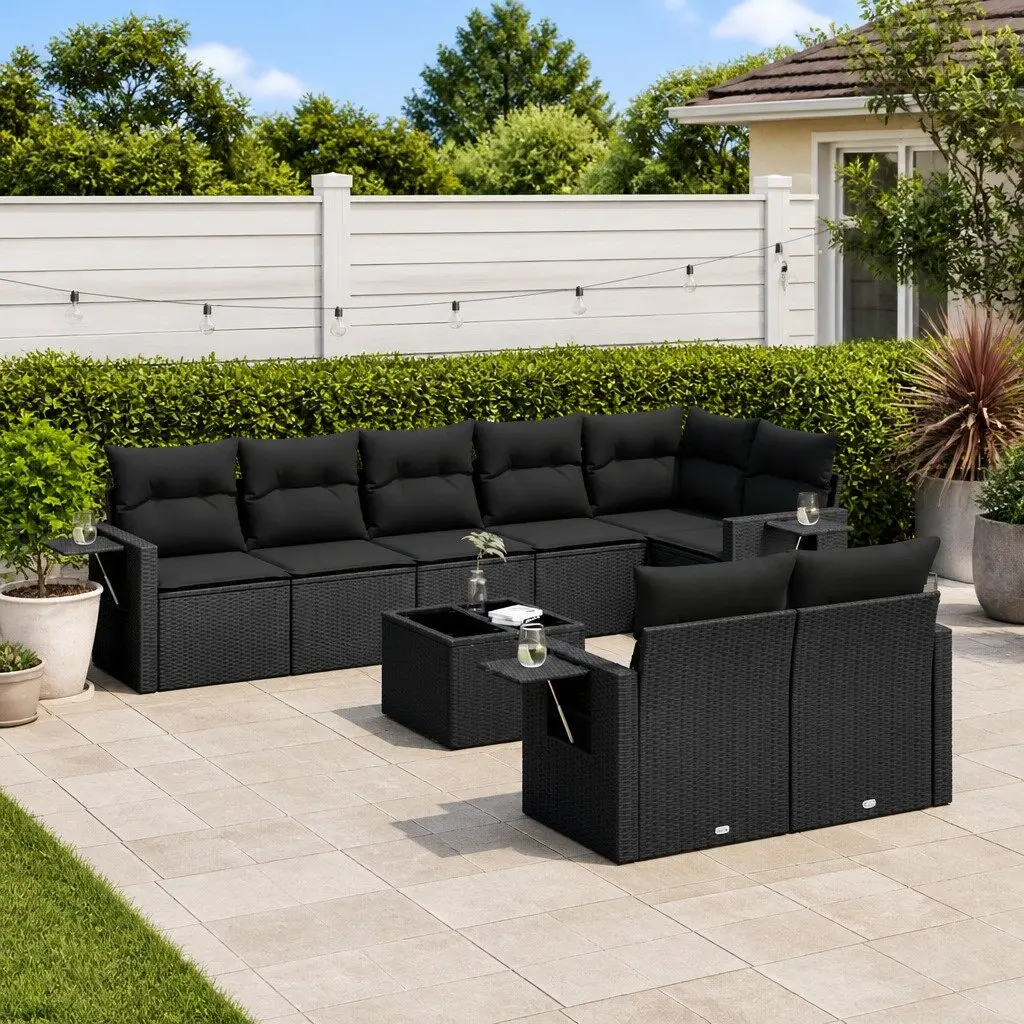9 Piece Outdoor Garden Sofa Set PE Rattan Black with Cushions