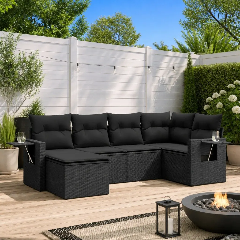 Outdoor Furniture Set Modular Black PE Rattan Garden Sofa 6 Piece with Cushions and Side Table