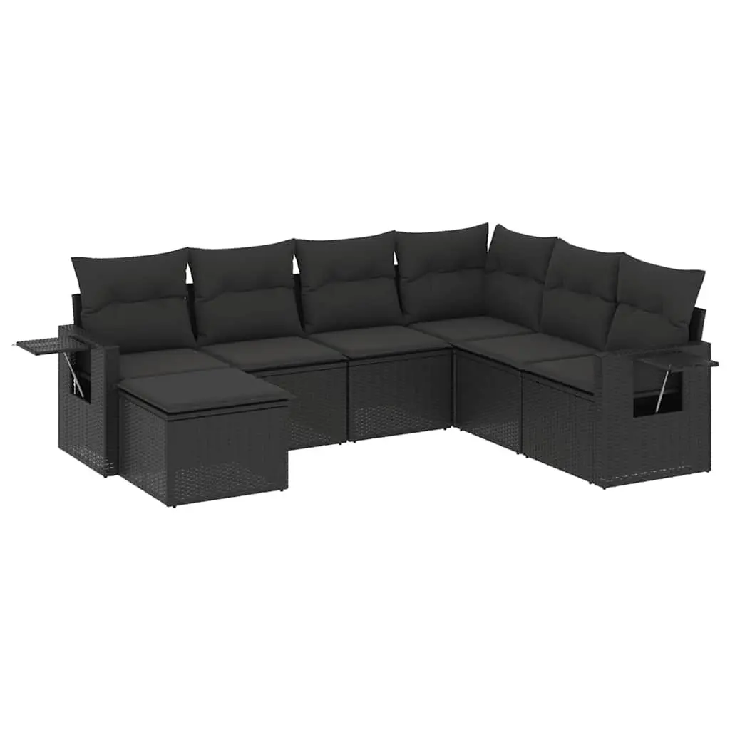 7 Piece Outdoor Garden Sofa Set PE Rattan Modular Black with Storage Cushions